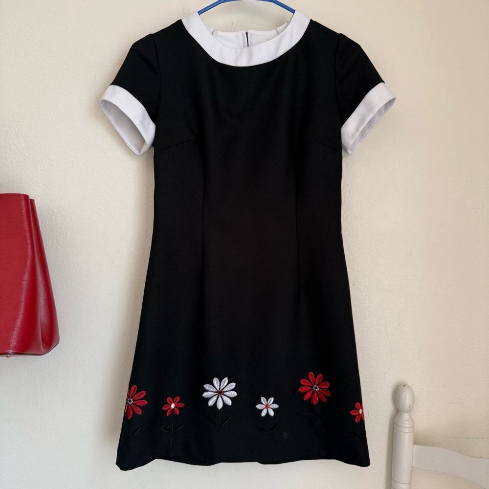 Vintage Black Mini Dress with White Trim and Red Floral Accents